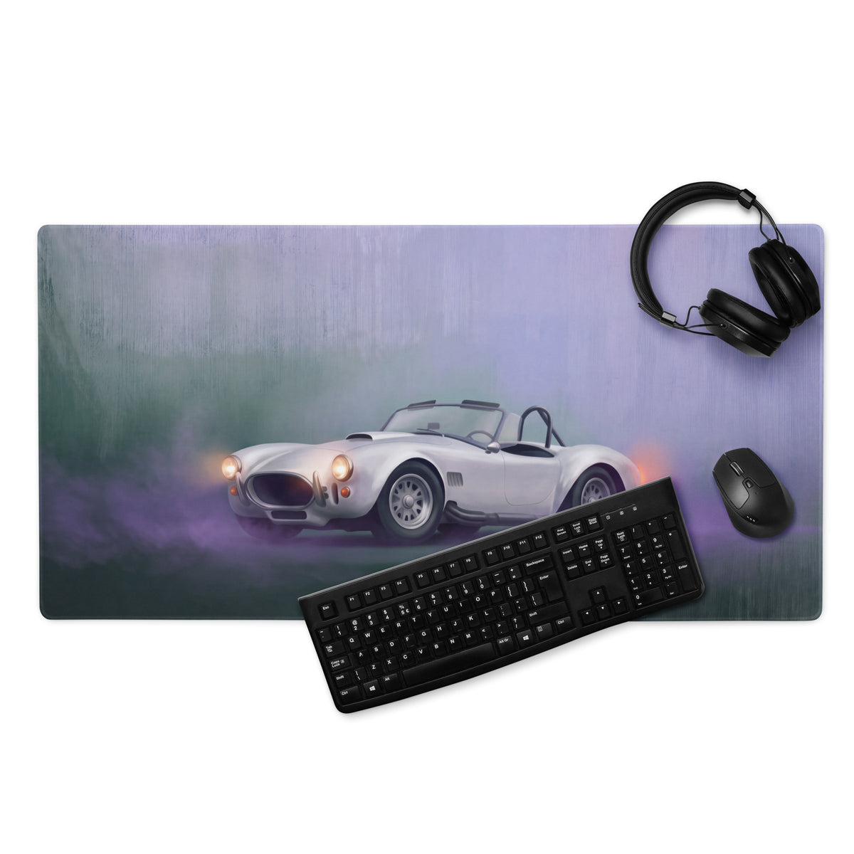 Silver classic sports car illustration on shelby cobra inspired pearl white heritage extended non slip desk pad
