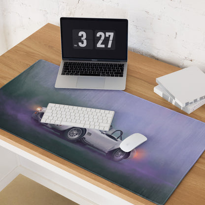 Shelby cobra inspired pearl white heritage extended non-slip desk pad with white sports car and glowing flames design