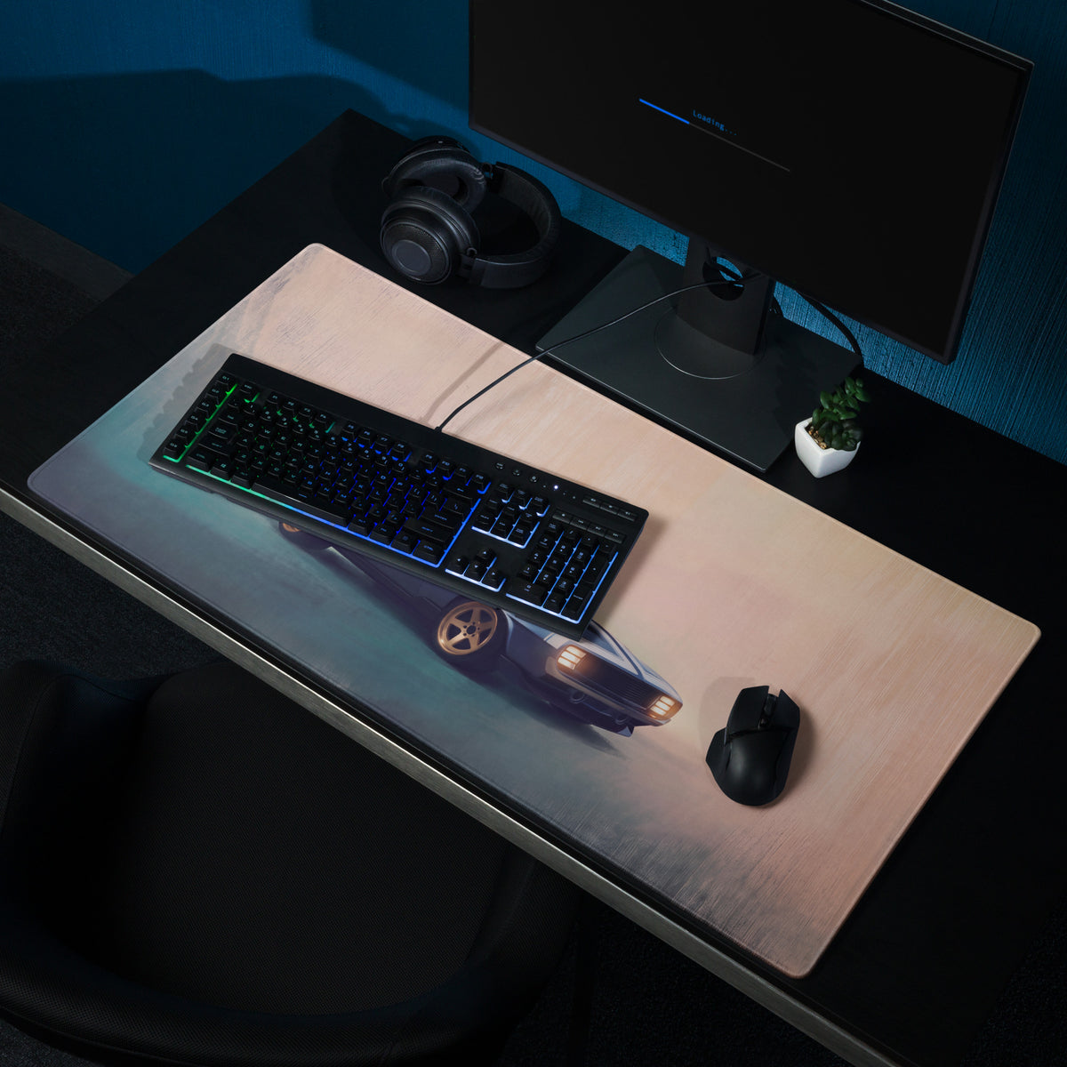 Chevrolet Camaro Inspired Steel Blue Restomod Desk Mat – Low-Friction Cloth Setup Mousepad