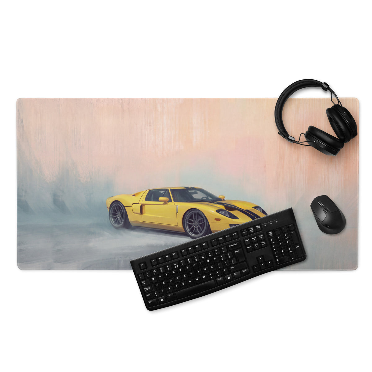 Yellow Ford GT racing car graphic on a rectangular high-precision XL gaming mousepad desk mat for speed enthusiasts