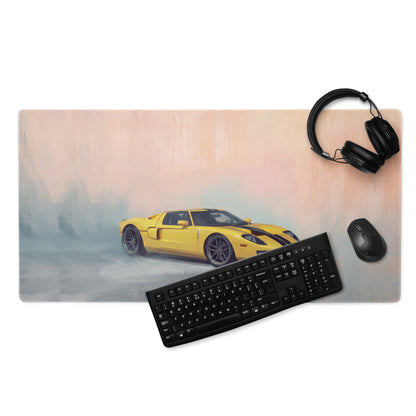 Yellow Ford GT racing car graphic on a rectangular high-precision XL gaming mousepad desk mat for speed enthusiasts