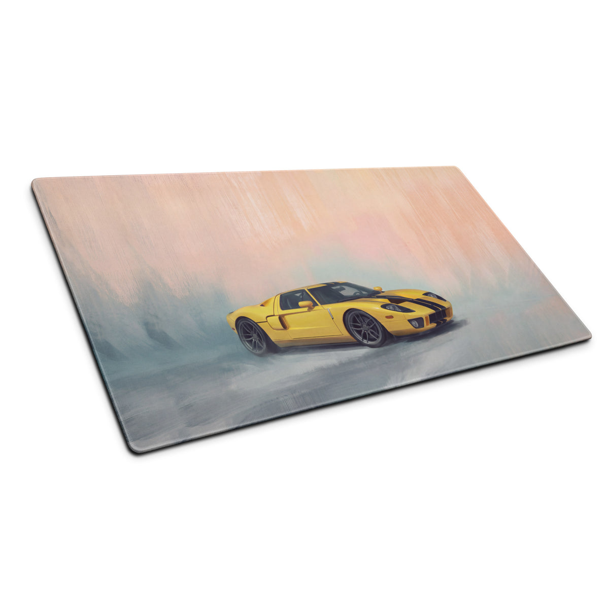 Yellow ford gt sports car graphic printed on a rectangular glass cutting board from ford gt inspired speed mat