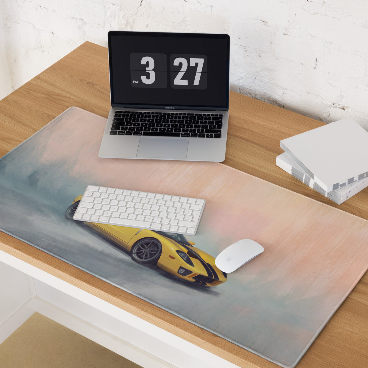 Yellow sports car graphic on ford gt inspired speed yellow heritage desk mat xl gaming mousepad with pastel background