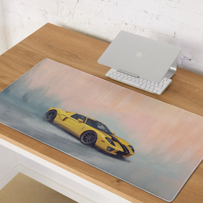 Yellow Ford GT racing car graphic on high-precision yellow heritage desk mat xl gaming mousepad