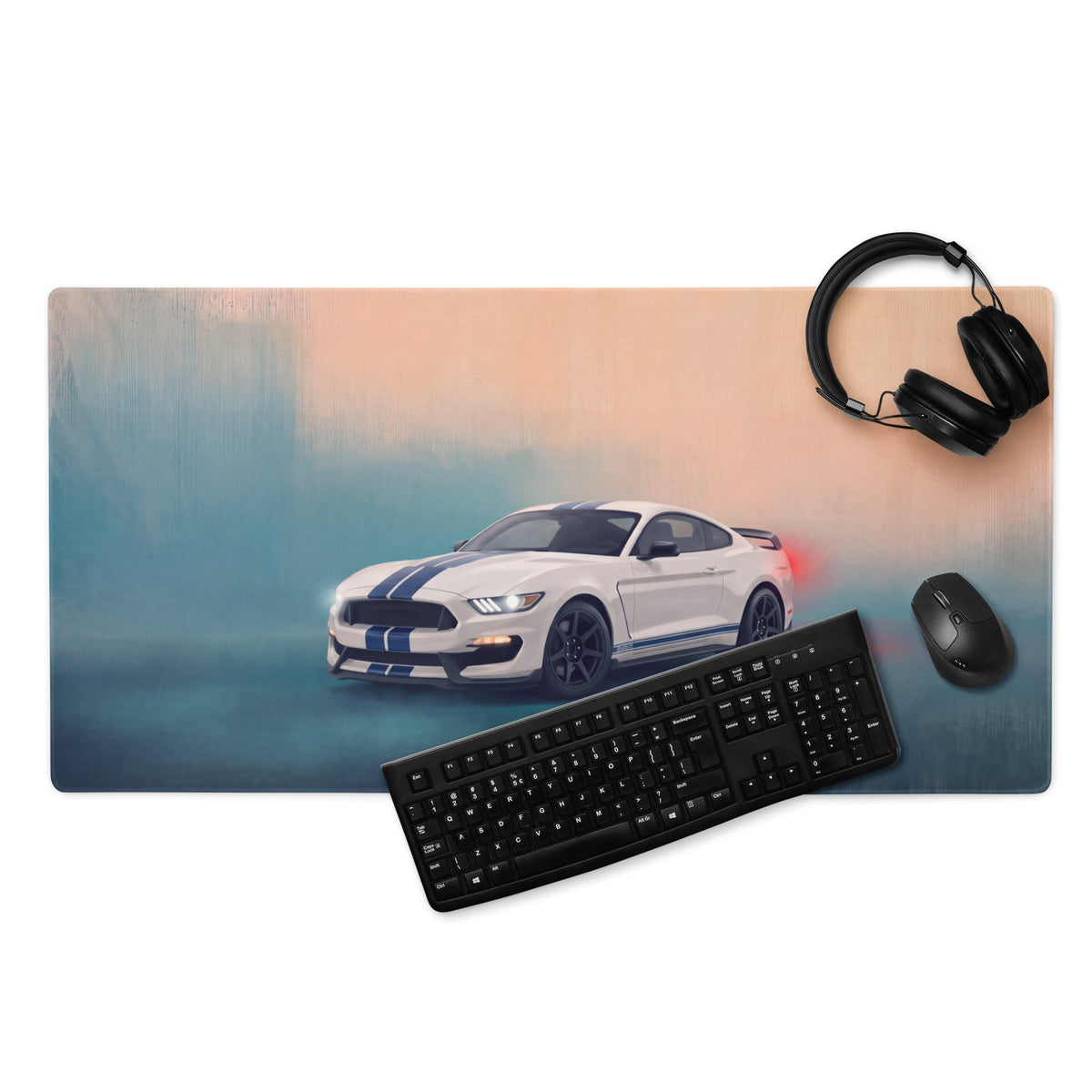 Ford Mustang Inspired Shelby White Blue Stripe Desk Mat – High-Precision XL Gaming Mousepad