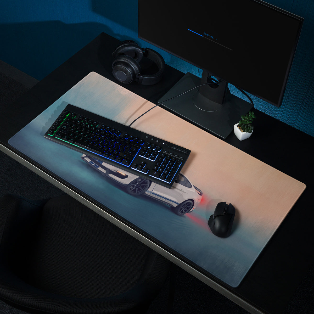 Ford Mustang Inspired Shelby White Blue Stripe Desk Mat – High-Precision XL Gaming Mousepad