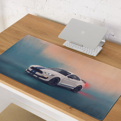 Ford Mustang Inspired Shelby White Blue Stripe Desk Mat – High-Precision XL Gaming Mousepad