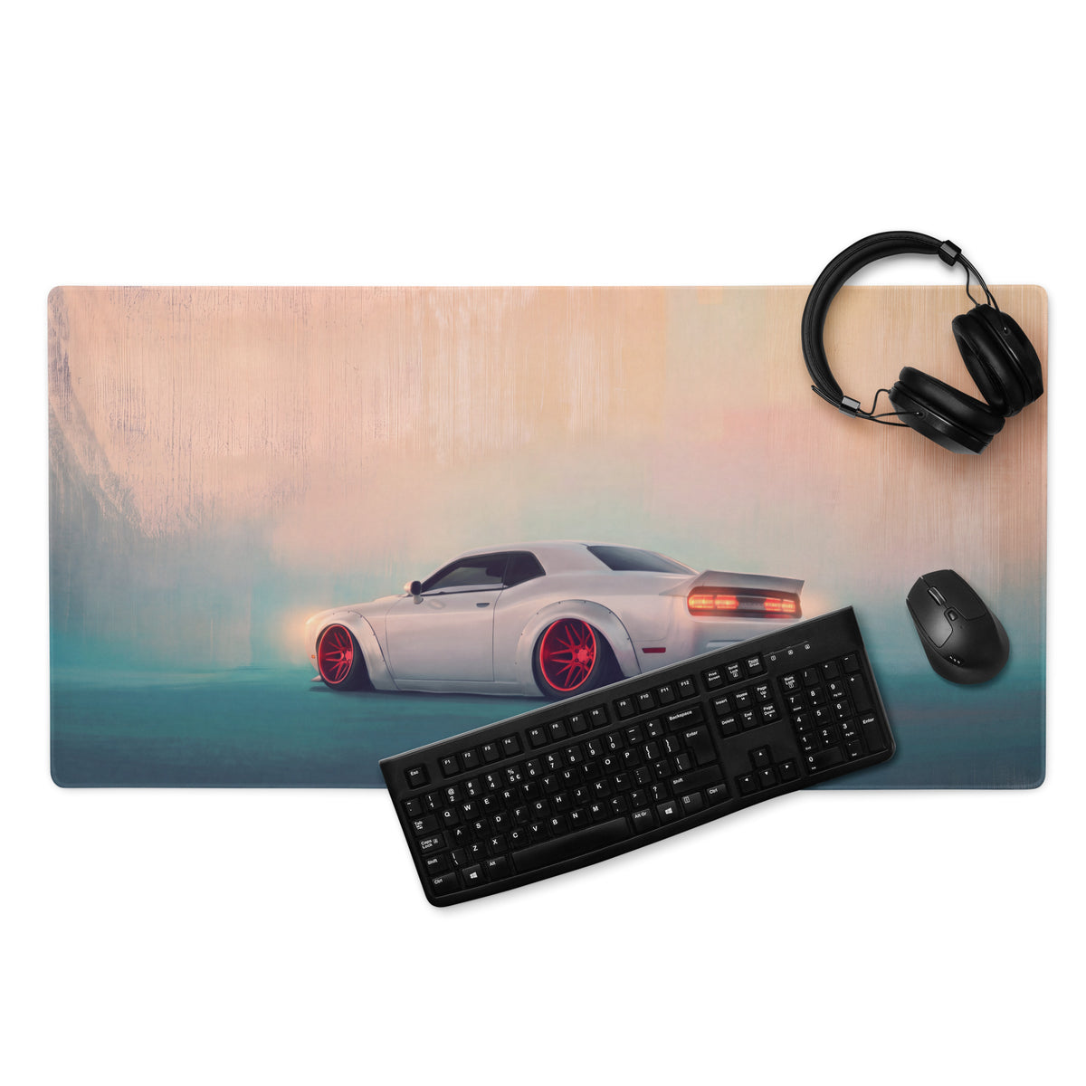 Dodge Challenger Inspired Pearl Red Rim Rear Desk Pad – Extended Non-Slip PC Mouse Mat