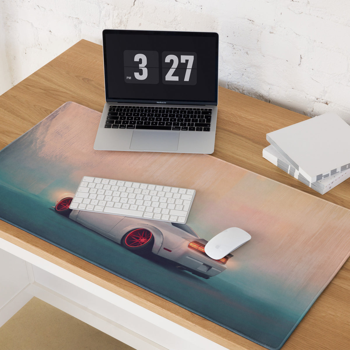 Dodge Challenger Inspired Pearl Red Rim Rear Desk Pad – Extended Non-Slip PC Mouse Mat