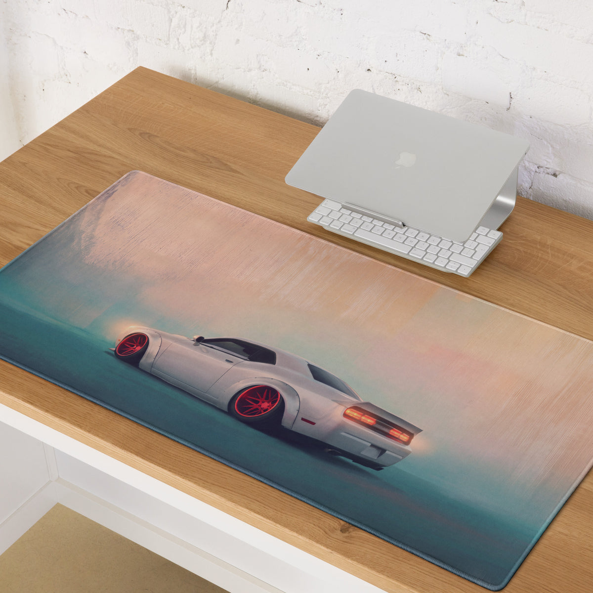 Dodge Challenger Inspired Pearl Red Rim Rear Desk Pad – Extended Non-Slip PC Mouse Mat