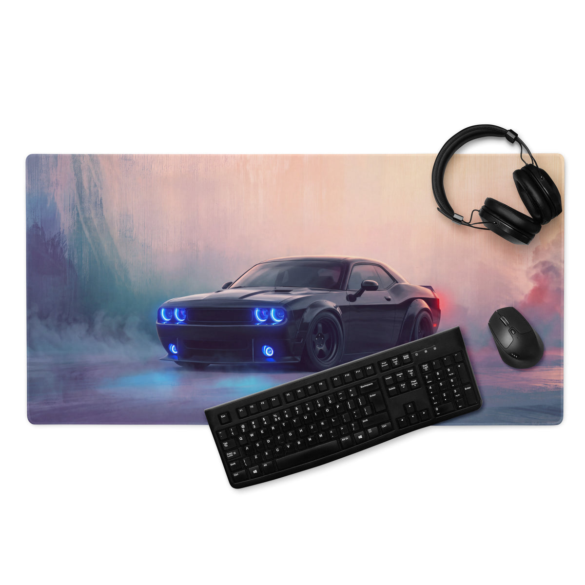 Dodge Challenger Inspired Pitch Black Halo Desk Pad – Ultra-Glide Stitched Edge Gaming Mouse Mat