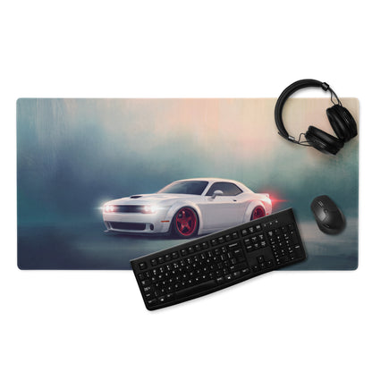 Dodge Challenger Inspired White Knuckle Red Accent Desk Pad – Ultra-Glide Stitched Edge Gaming Mouse Mat