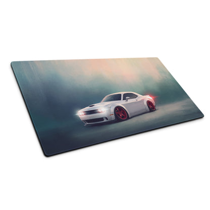 Dodge Challenger Inspired White Knuckle Red Accent Desk Pad – Ultra-Glide Stitched Edge Gaming Mouse Mat