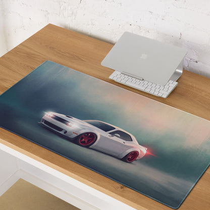 Dodge Challenger Inspired White Knuckle Red Accent Desk Pad – Ultra-Glide Stitched Edge Gaming Mouse Mat