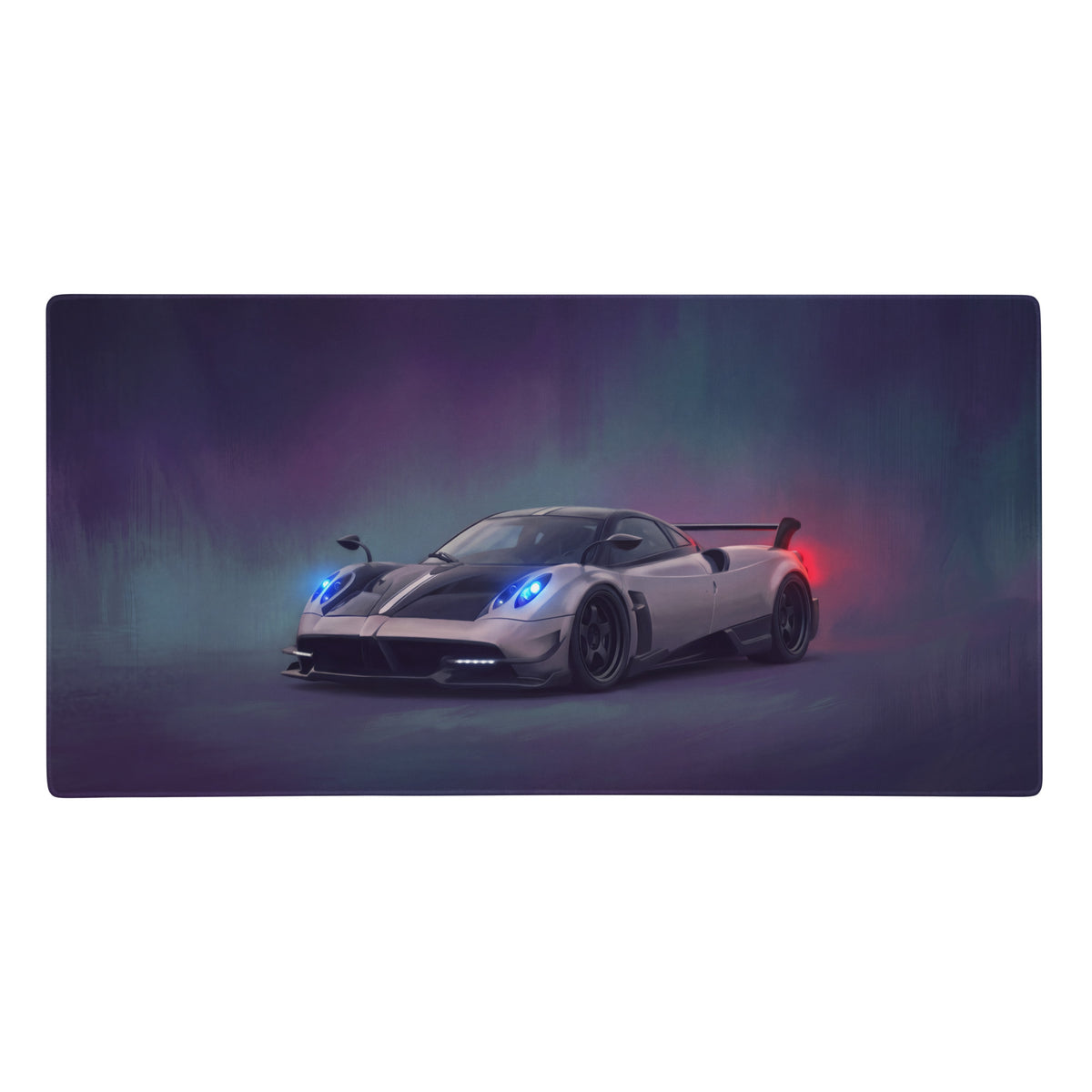 Pagani huayra inspired silver carbon extended non-slip desk pad with silver and black sports car design and glowing lights