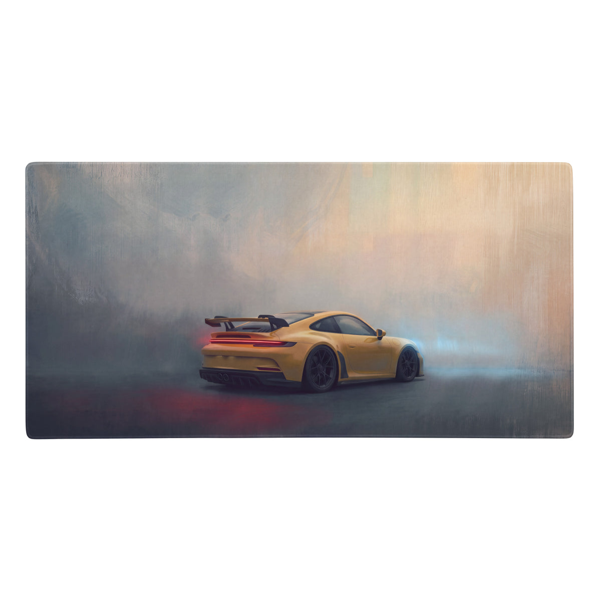 Yellow porsche 911 gt3 inspired speed yellow desk mat with dynamic smoky car scene and glowing red taillights