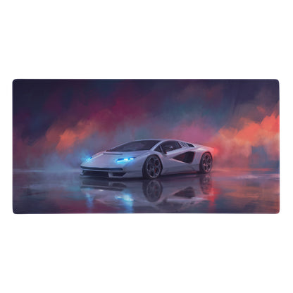 A sleek white lamborghini countach inspired pearl reflection extended desk pad with glowing blue headlights design
