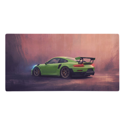 Porsche 911 gt3 rs inspired lizard green desk mat featuring vibrant lime green sports car art on low-friction cloth