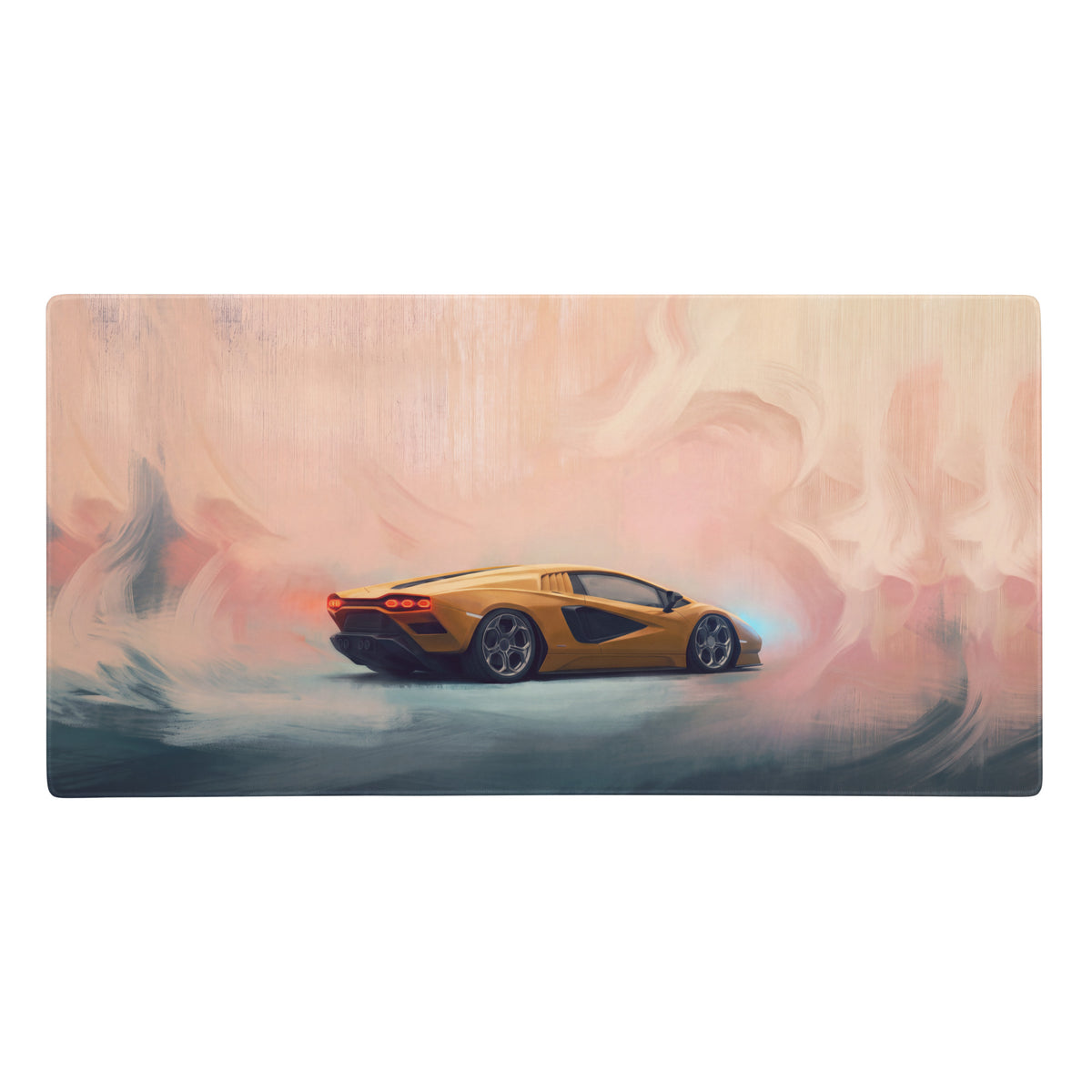 Golden lamborghini aventador illustration with glowing red taillights on a stitched edge giallo retro desk pad