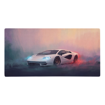 White lamborghini countach inspired pearl bronze extended non slip desk pad featuring sleek sports car design with glowing blue headlights