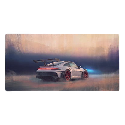 Silver porsche 911 gt3 rs inspired chalk crimson accent desk mat with red rims artistic racing car design