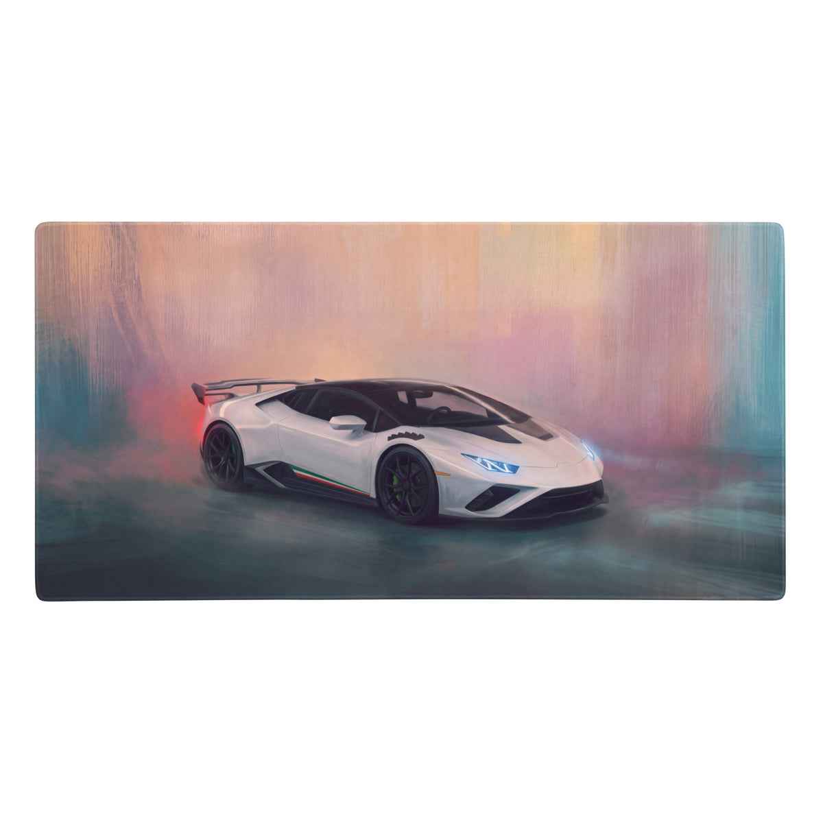 White lamborghini huracán inspired pearl tricolore desk pad with artistic rendering of white huracán with black accents and spoiler