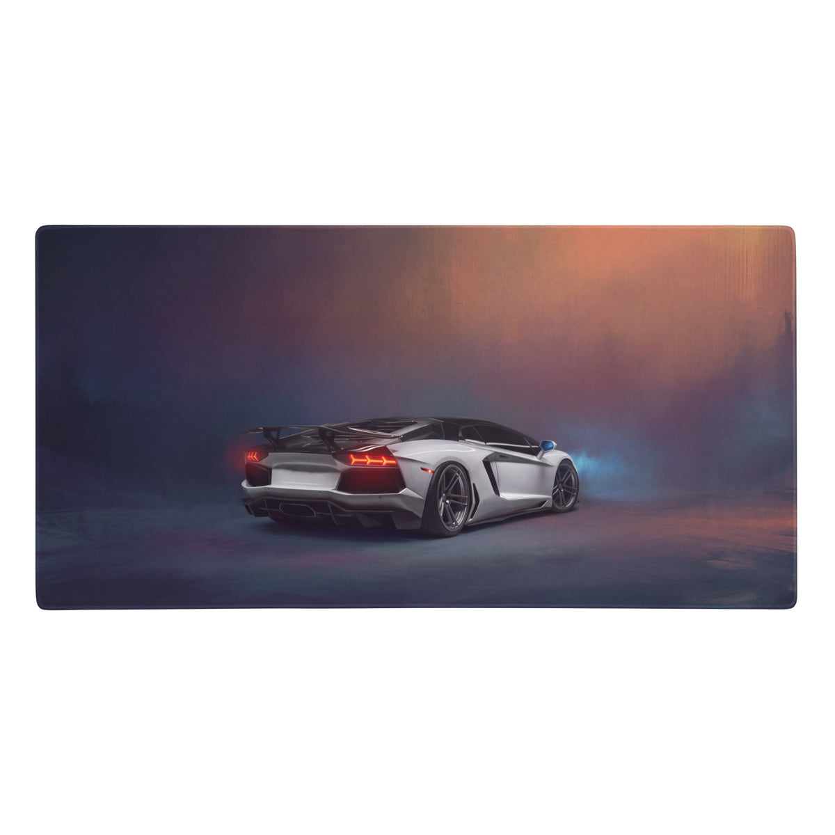 White lamborghini aventador inspired pearl frost extended desk pad with non slip surface and glowing red taillight design