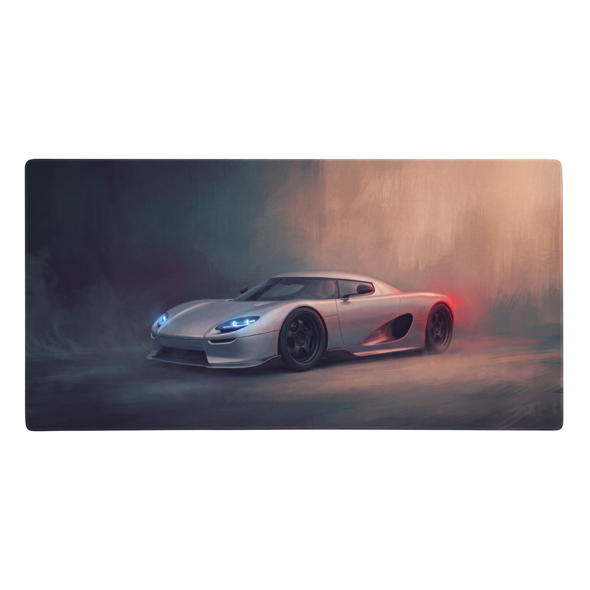 Silver koenigsegg hypercar illustration on a rectangular low-friction gaming mousepad for desk setup