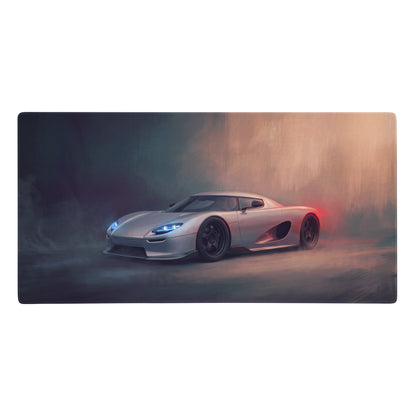 Silver koenigsegg hypercar illustration on a rectangular low-friction gaming mousepad for desk setup
