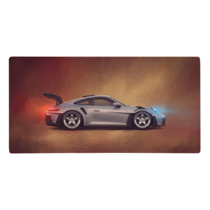 Silver Porsche 911 GT3 RS inspired rectangular gaming mousepad with ultra-glide stitched edge for desk use