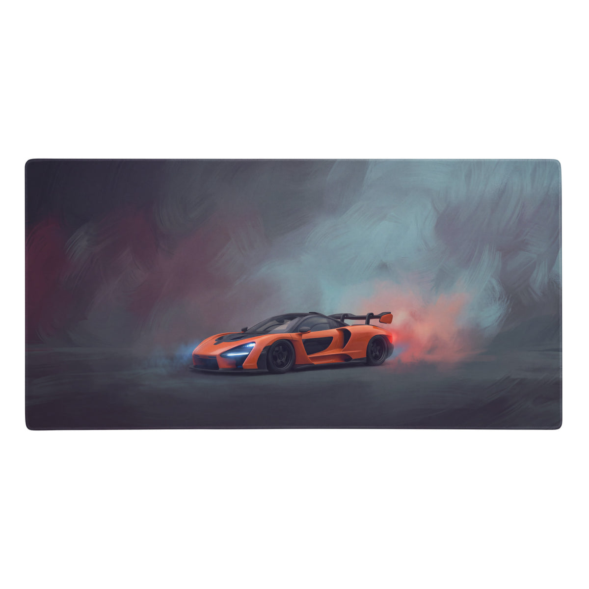 Vibrant orange mclaren senna inspired papaya drift desk pad with smoky racing design extended non slip mouse mat