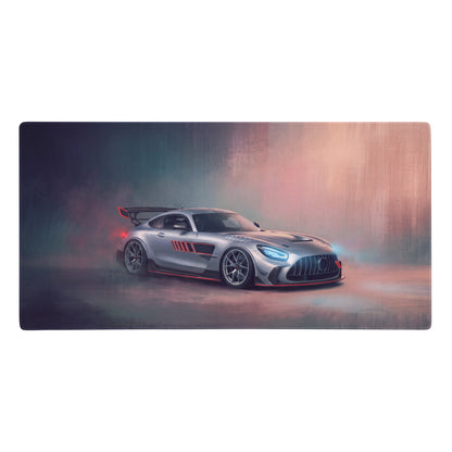 Silver and red mercedes-amg gt r racing car graphic on a stitched edge silver track desk pad for gaming mouse use