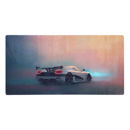 White koenigsegg hypercar on pearl glacier xl gaming mousepad with stylized smoke and gradient lighting effects