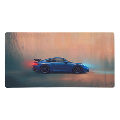 Blue porsche 911 sports car graphic printed on an ultra-glide stitched edge gaming mousepad desk pad