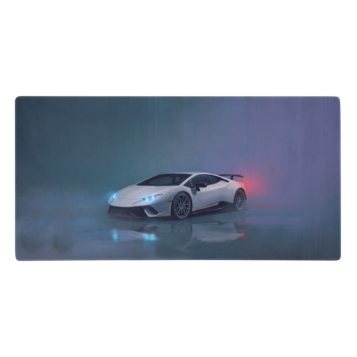 White lamborghini huracán sports car graphic printed on a rectangular xl gaming mousepad for high precision use