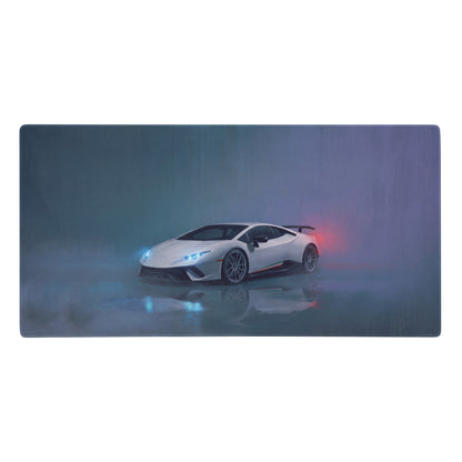 White lamborghini huracán sports car graphic printed on a rectangular xl gaming mousepad for high precision use