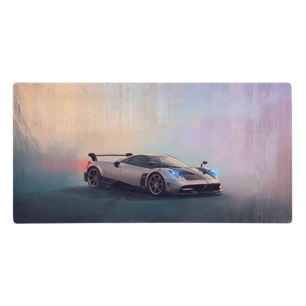 Silver pagani huayra bc hypercar illustration on an extended non-slip gaming mousepad desk mat
