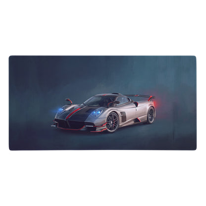 Pagani huayra inspired silver crimson desk mat featuring a sleek silver and black design with red stripes and blue headlights
