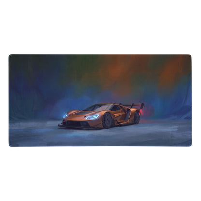 Orange ford gt inspired copper apex desk pad with glowing blue headlights and red taillight artistic illustration