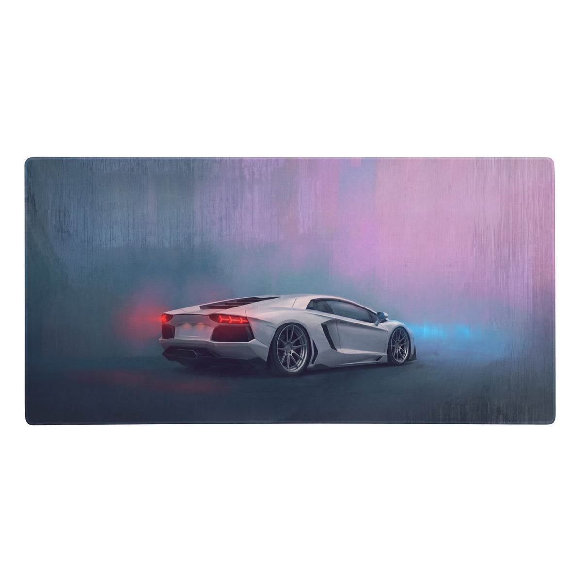 Silver lamborghini aventador inspired pearl apex xl gaming desk mat with neon background and glowing red taillights