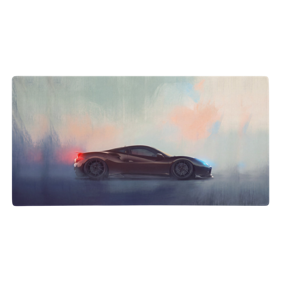 A sleek dark brown Ferrari 488 inspired charcoal drift desk pad with extended non slip surface for PC use