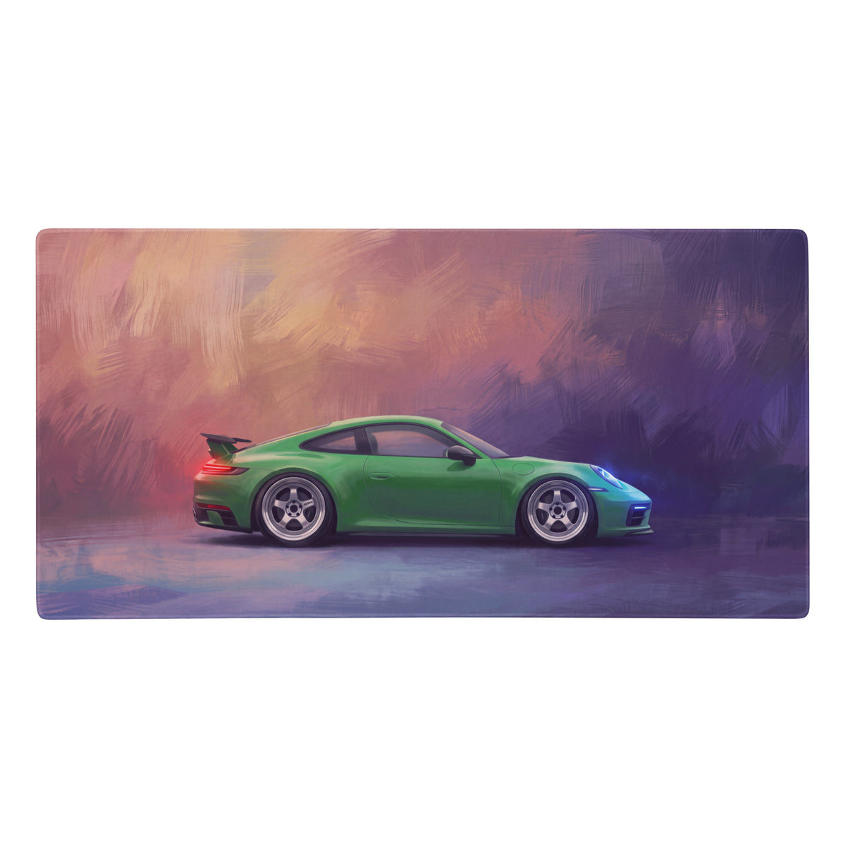 Vibrant green porsche 911 sports car illustration on low-friction cloth porsche 911 gt3 inspired viper green desk mat