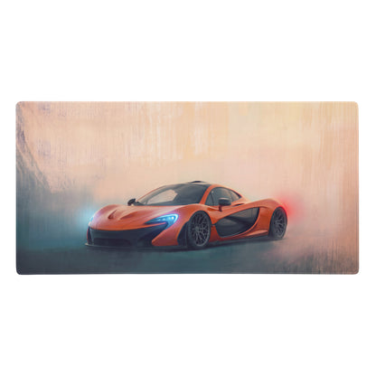 Orange mclaren p1 racing car graphic printed on a rectangular wooden gaming mousepad with stitched edges