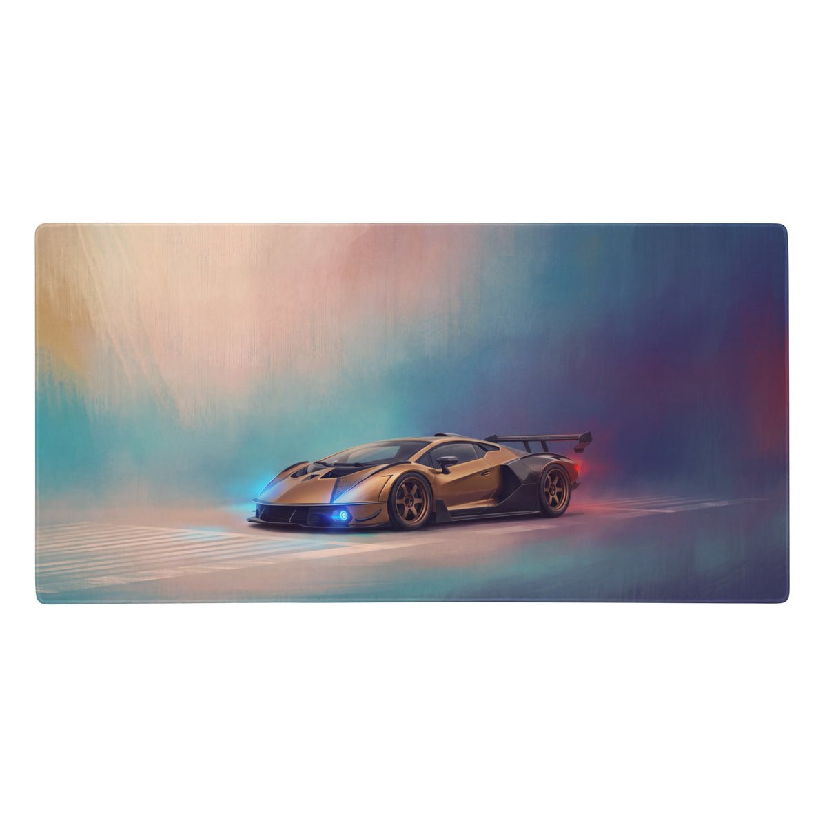 Lamborghini Veneno inspired bronze apex desk pad with golden Huracán car and glowing blue headlights non slip mat