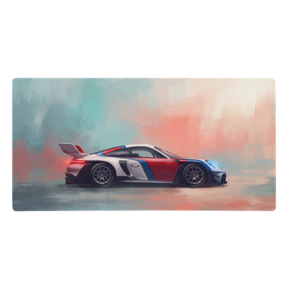Porsche 911 inspired heritage livery desk mat featuring a sleek white red and blue porsche 911 gt3 race car design on low friction cloth