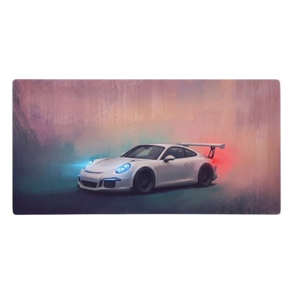 White porsche 911 gt3 racing car graphic on a rectangular pure white stitched edge gaming mousepad with glowing accents
