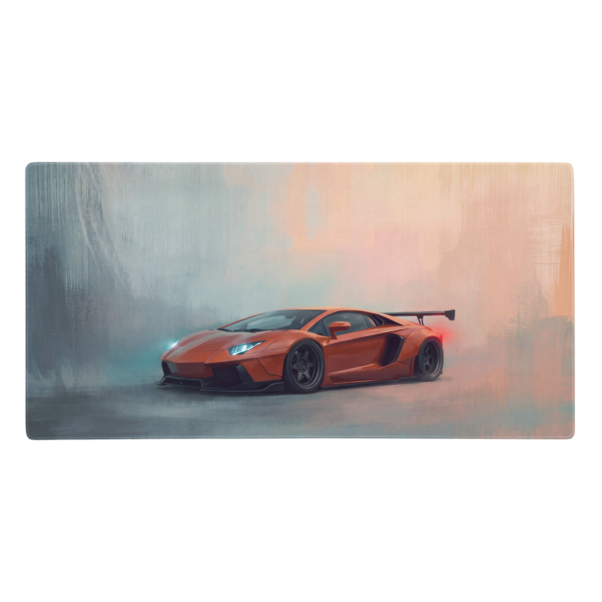 Orange Lamborghini Aventador inspired widebody desk pad featuring black wheels and rear spoiler artistic design