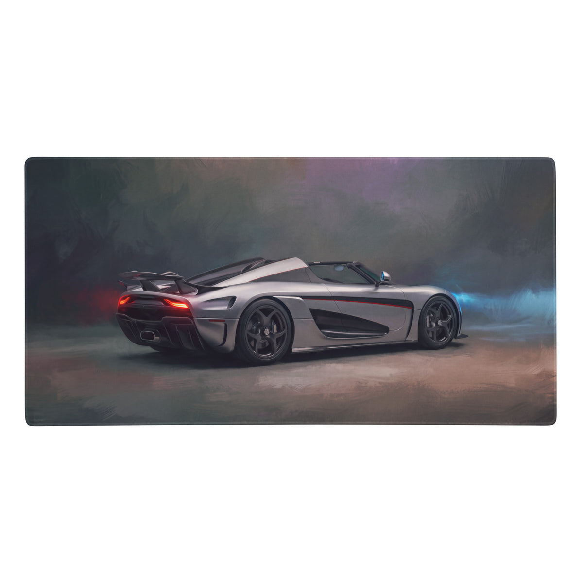 Silver koenigsegg agera rs inspired rear side xl gaming mousepad with black accents and red taillight design