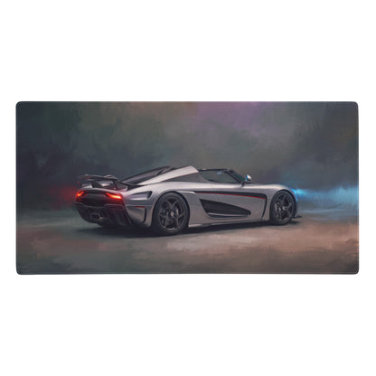 Silver koenigsegg agera rs inspired rear side xl gaming mousepad with black accents and red taillight design