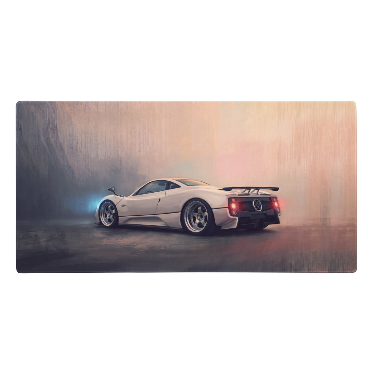 A sleek white pagani zonda inspired pearl white extended non slip desk pad with glowing blue and red accents